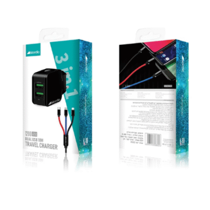 מטען קיר 2A שתי יציאות USB וכבל 3 יציאות